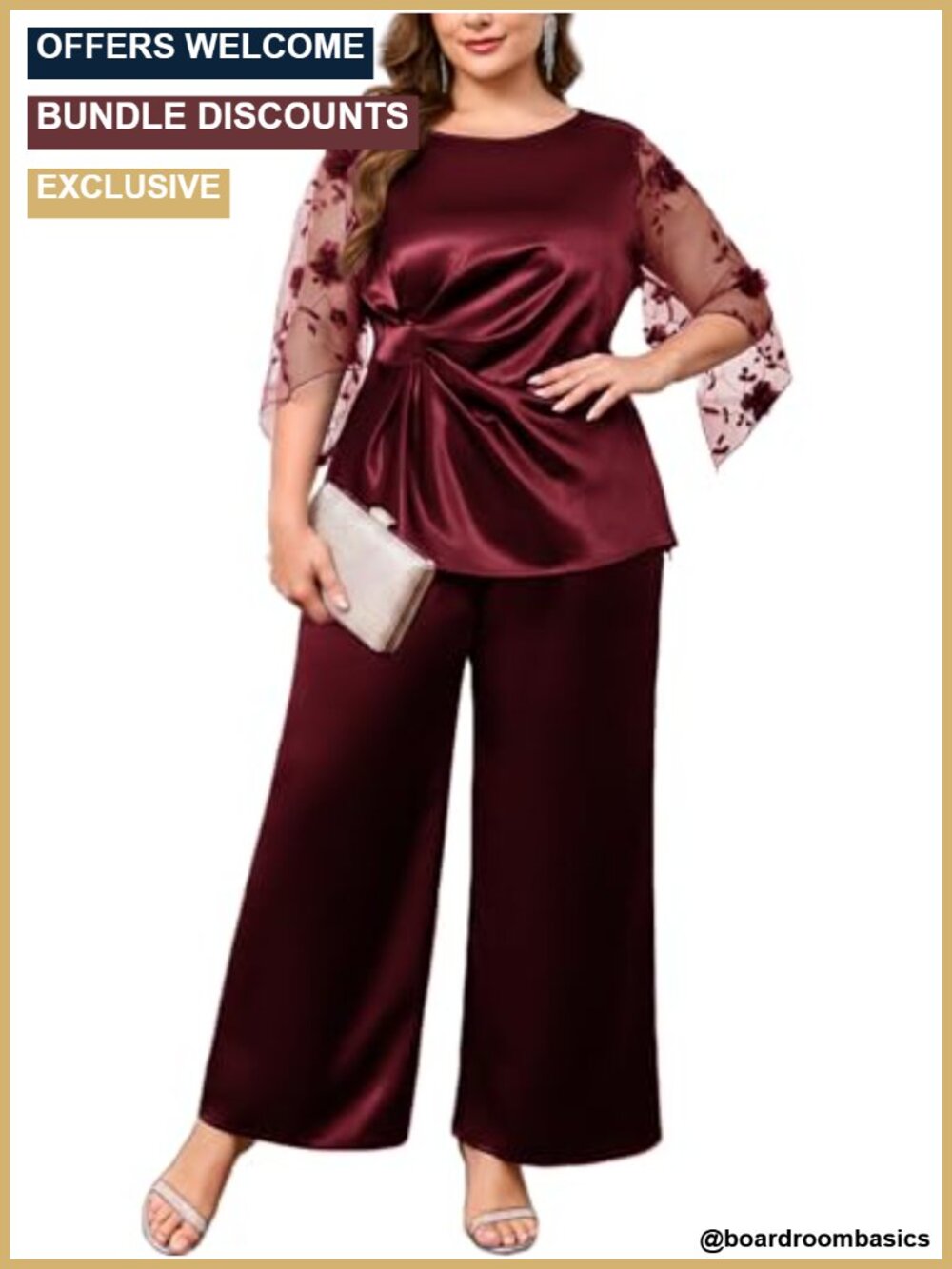 Plus Size 2 Piece Pant Suit Satin Formal Wedding Guest Pants Set